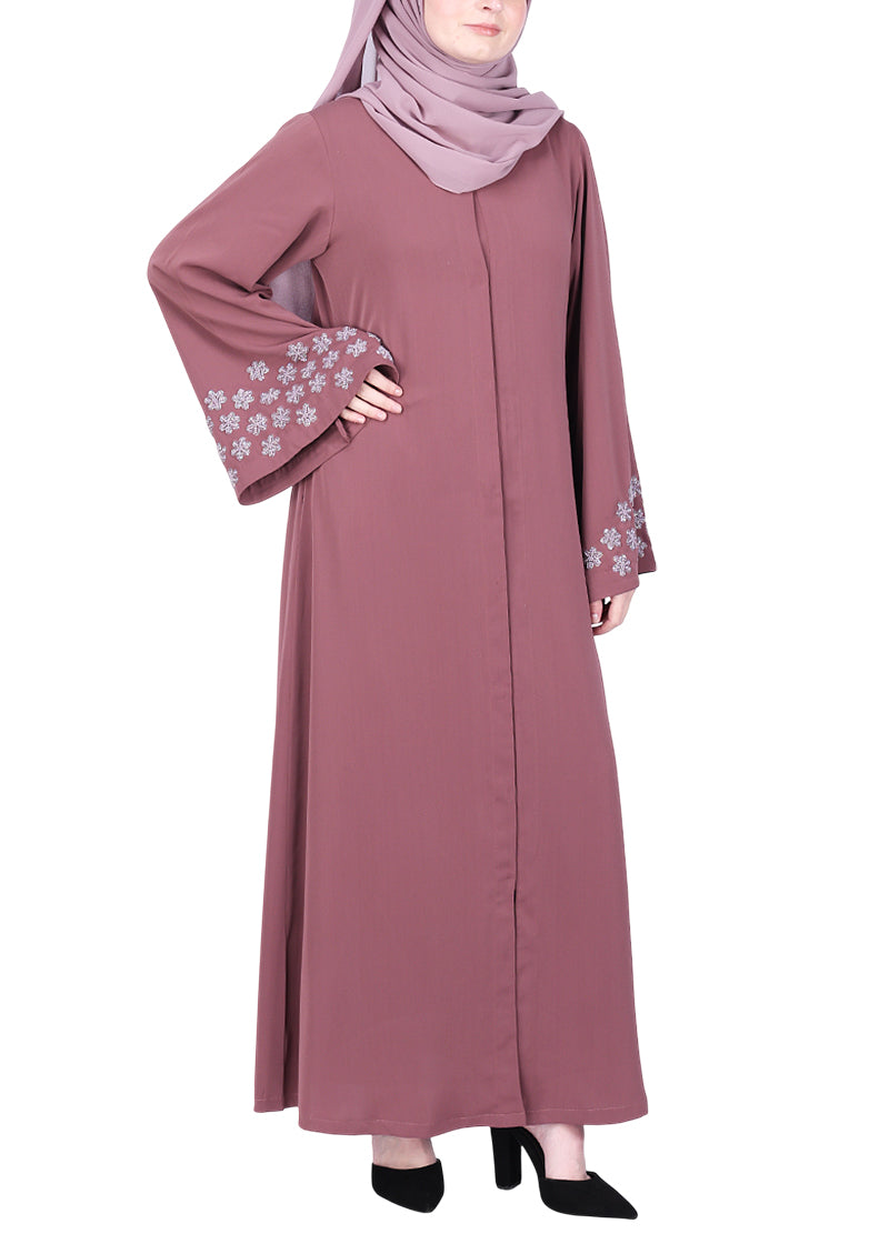 BeingMuslims Muted Abaya with Delicate Sleeve Embroidery Onion Pink