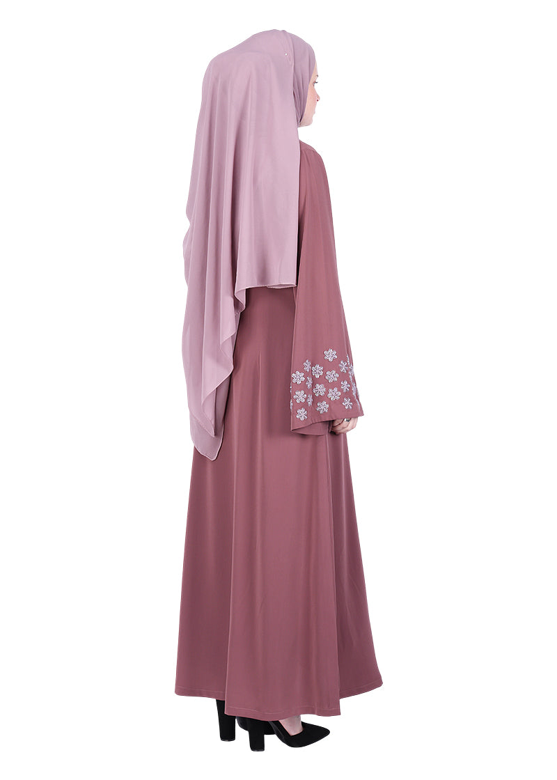 BeingMuslims Muted Abaya with Delicate Sleeve Embroidery Onion Pink