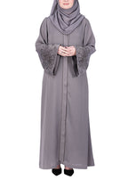 BeingMuslims Abaya Delicate Beads Embroidery in Large Floral Motifs Grey