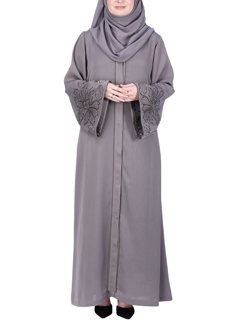 BeingMuslims Abaya Delicate Beads Embroidery in Large Floral Motifs Grey