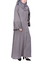 BeingMuslims Abaya Delicate Beads Embroidery in Large Floral Motifs Grey