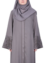 BeingMuslims Abaya Delicate Beads Embroidery in Large Floral Motifs Grey