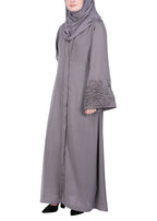 BeingMuslims Abaya Delicate Beads Embroidery in Large Floral Motifs Grey