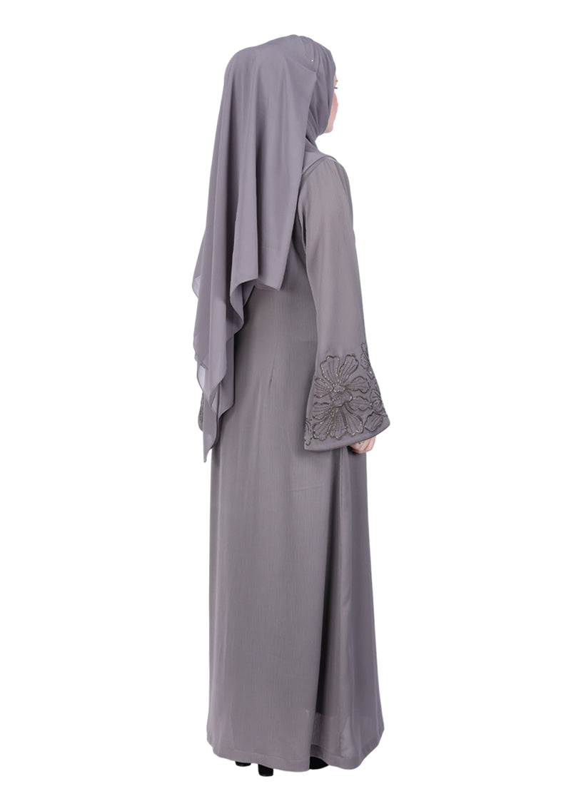 BeingMuslims Abaya Delicate Beads Embroidery in Large Floral Motifs Grey