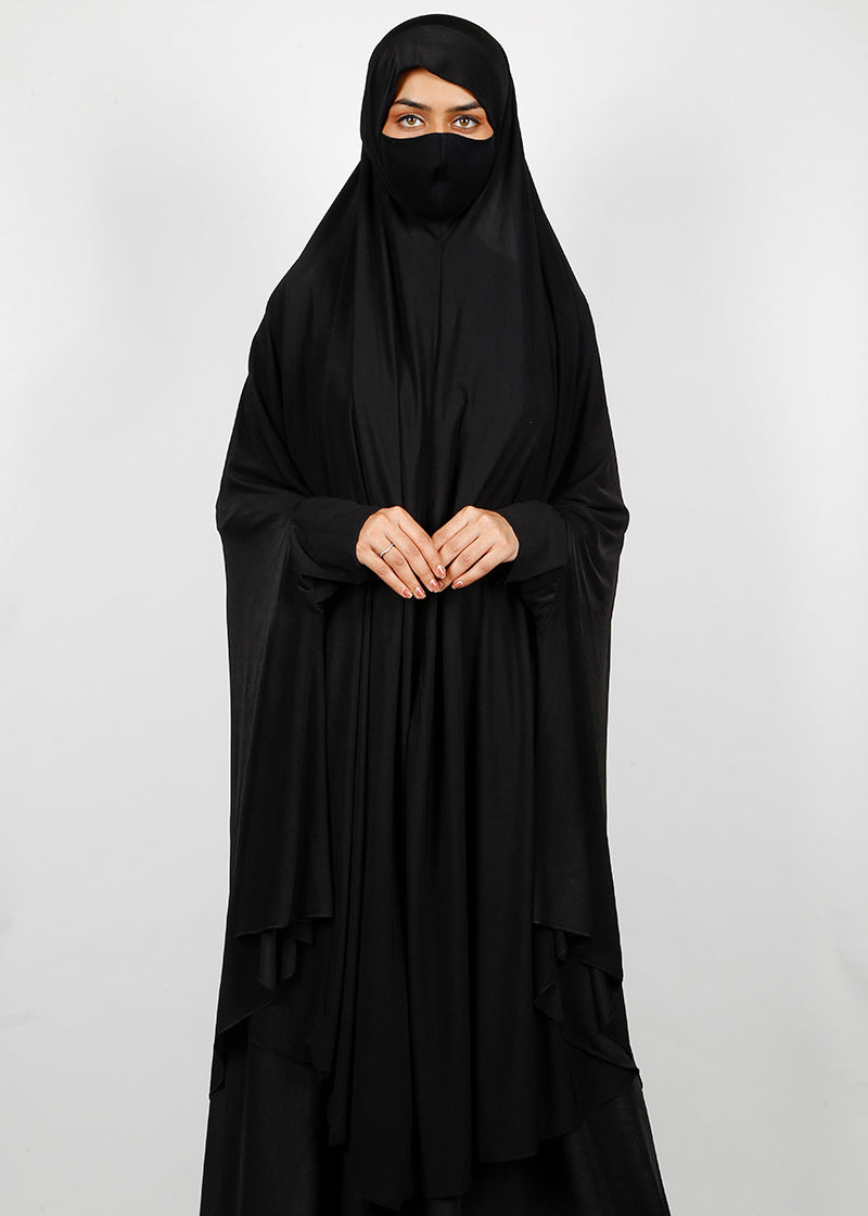 BeingMuslims Knee Length Jersey Khimar with sleeves in Rich Black Black Pack of 10
