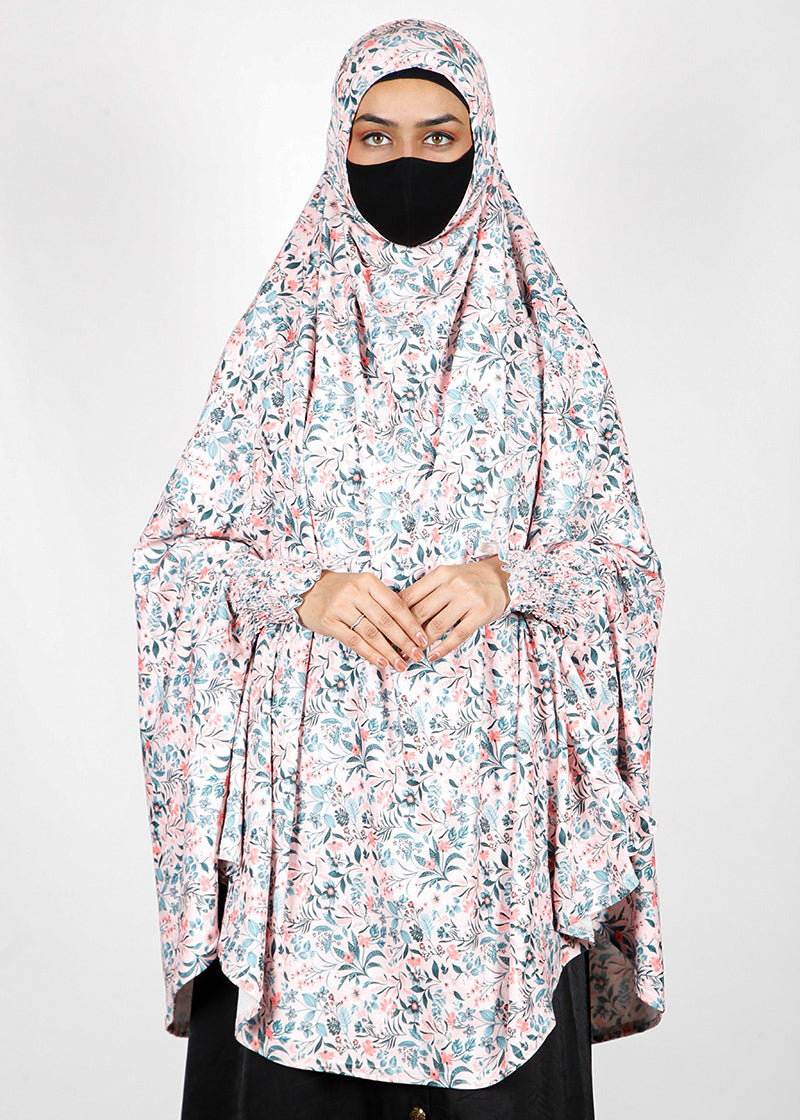 BeingMuslims Printed Khimar A with elastic Sleeves Coral Pink Floral Pack of 10