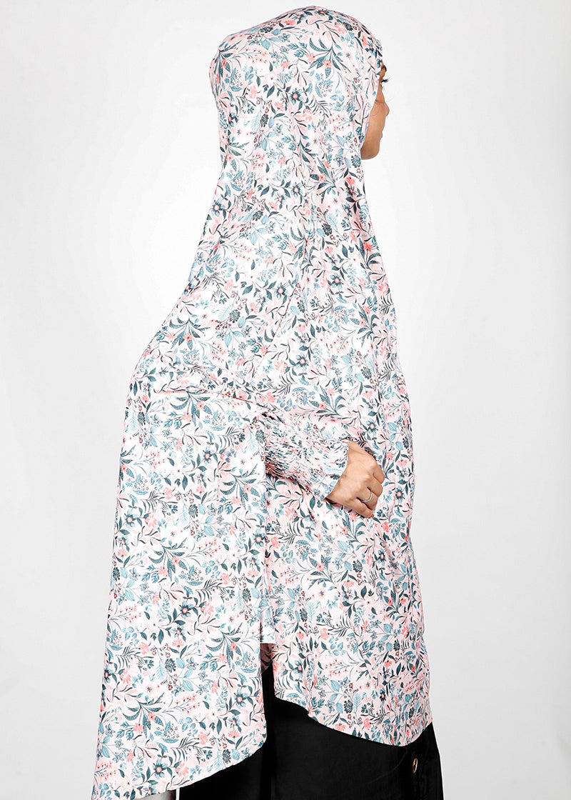 BeingMuslims Printed Khimar A with elastic Sleeves Coral Pink Floral Pack of 10