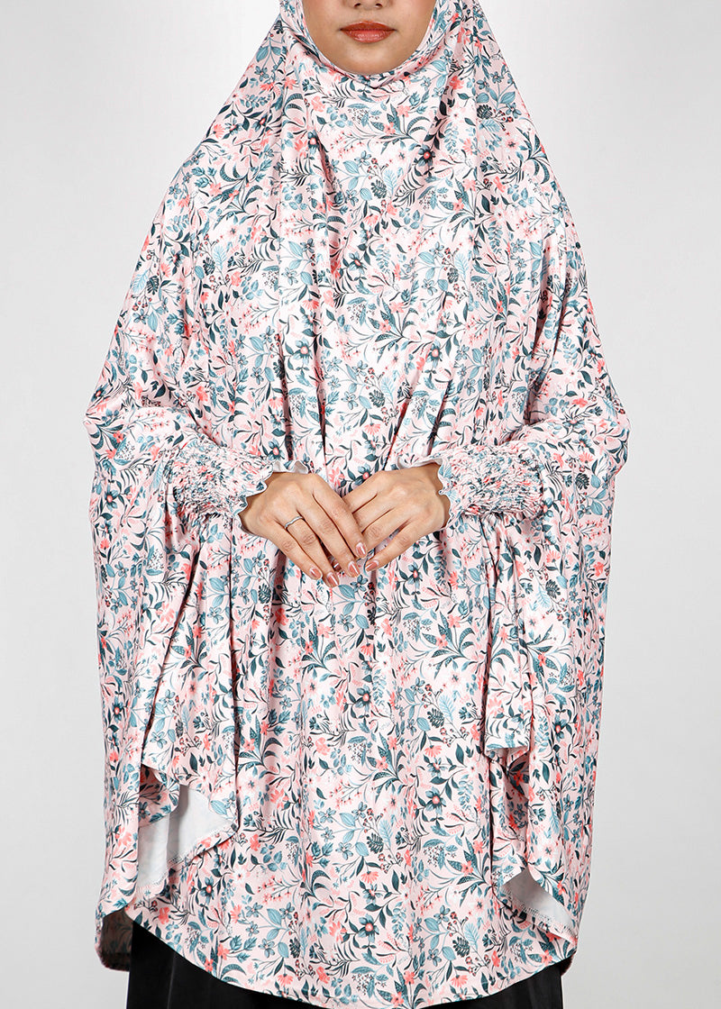 BeingMuslims Printed Khimar A with elastic Sleeves Ivory Floral Pack of 10