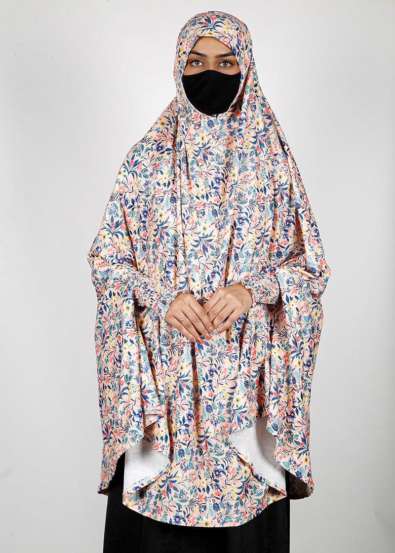 BeingMuslims Printed Khimar A with elastic Sleeves Ivory Floral Pack of 10