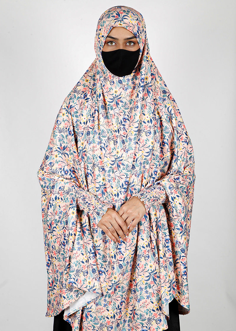 BeingMuslims Printed Khimar A with elastic Sleeves Ivory Floral Pack of 10