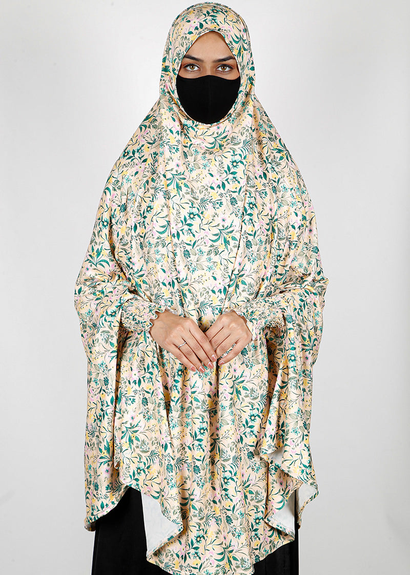 BeingMuslims Printed Khimar A with elastic Sleeves Light Beige Floral Pack of 10