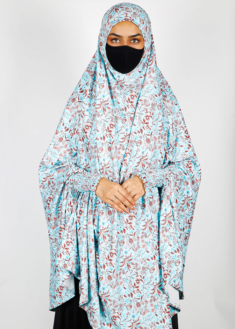 BeingMuslims Printed Khimar A with elastic Sleeves Ice Blue Floral Pack of 10