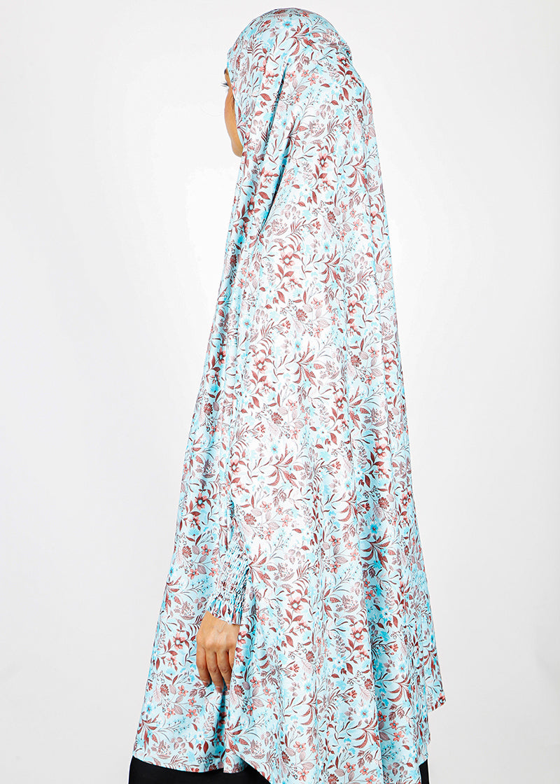 BeingMuslims Printed Khimar A with elastic Sleeves Ice Blue Floral Pack of 10