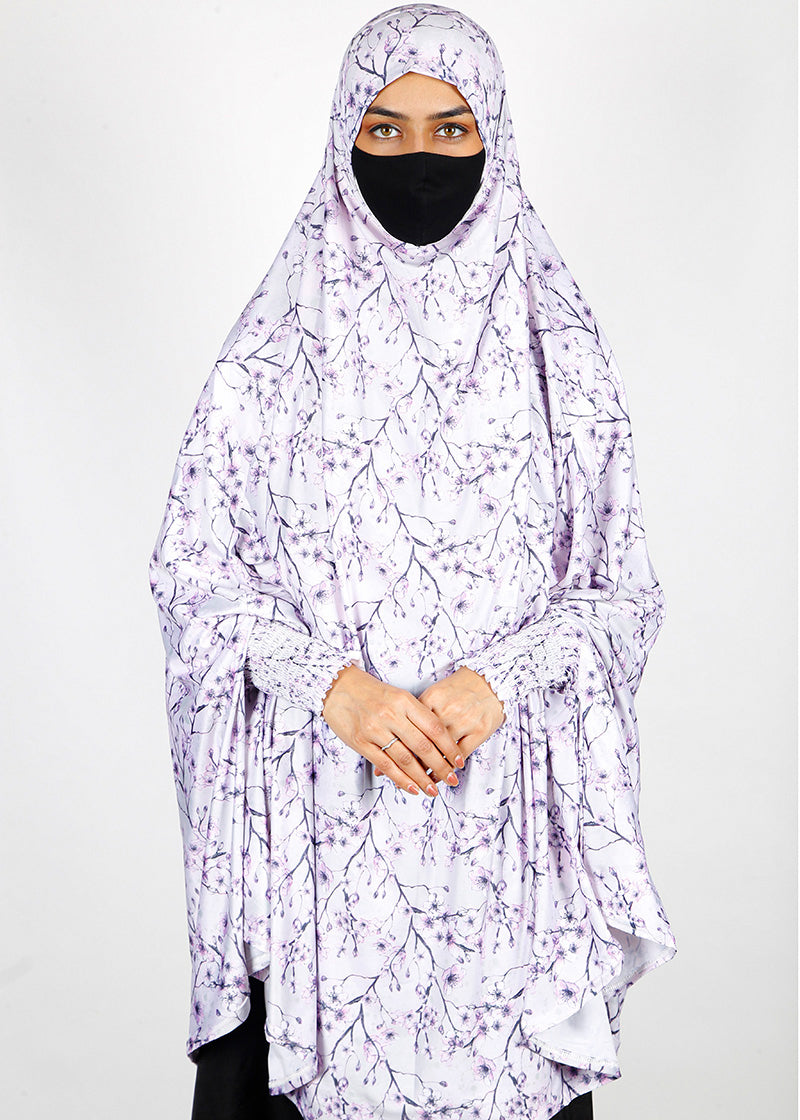 BeingMuslims Printed Khimar A with elastic Sleeves Lavender Grey Floral Pack of 10