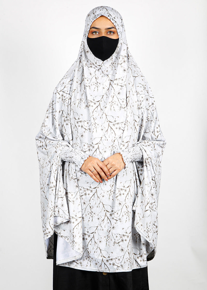 BeingMuslims Printed Khimar A with elastic Sleeves Light Grey Floral Pack of 10