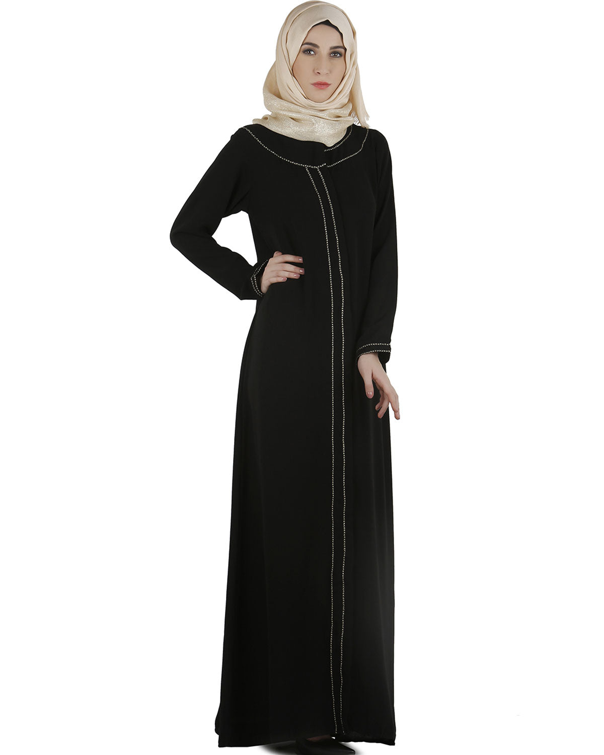 Popular gold zari abaya Black