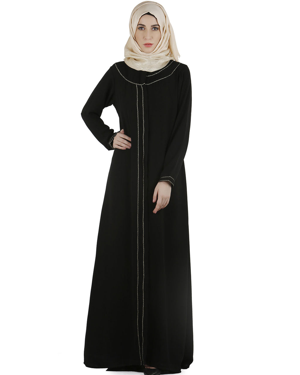 Popular gold zari abaya Black