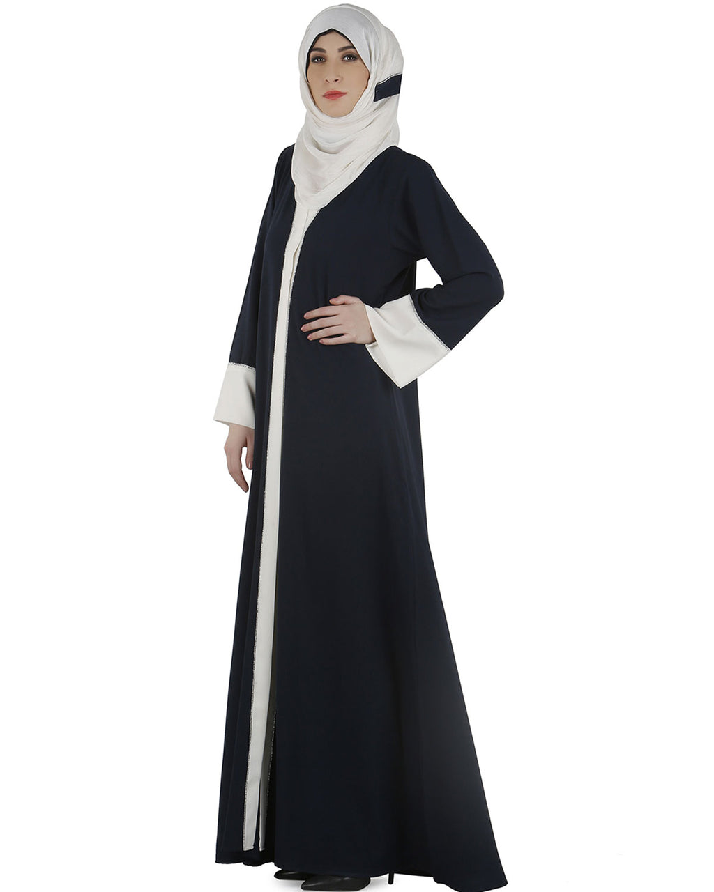 Dashing Navy and white abaya with swarovski lining