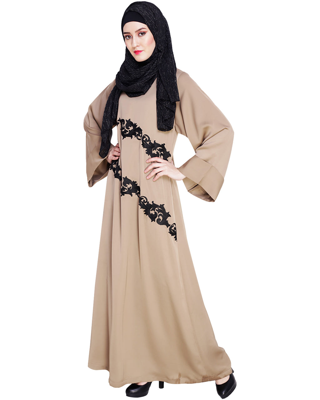 Fancy Embroidered Dubai Style Abaya Beige