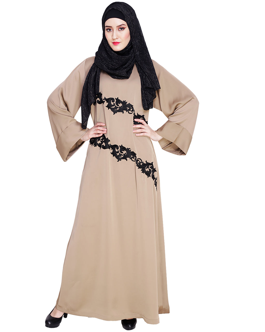 Fancy Embroidered Dubai Style Abaya Beige