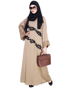 Fancy Embroidered Dubai Style Abaya Beige
