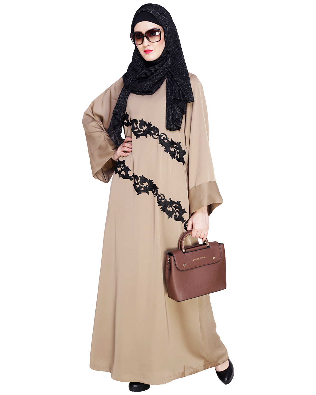 Fancy Embroidered Dubai Style Abaya Beige