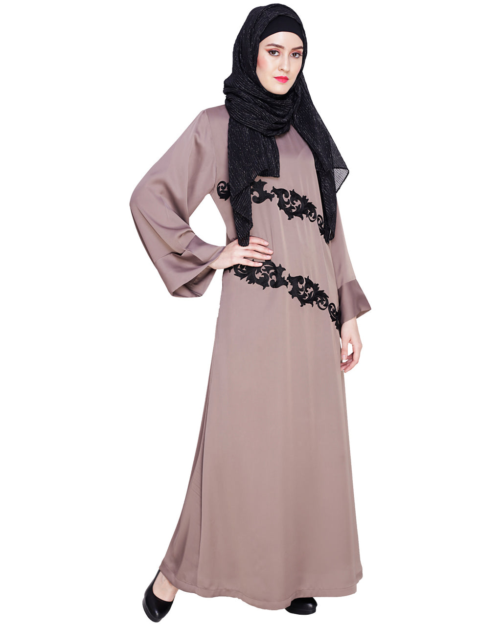 Fancy Embroidered Dubai Style Abaya Brown