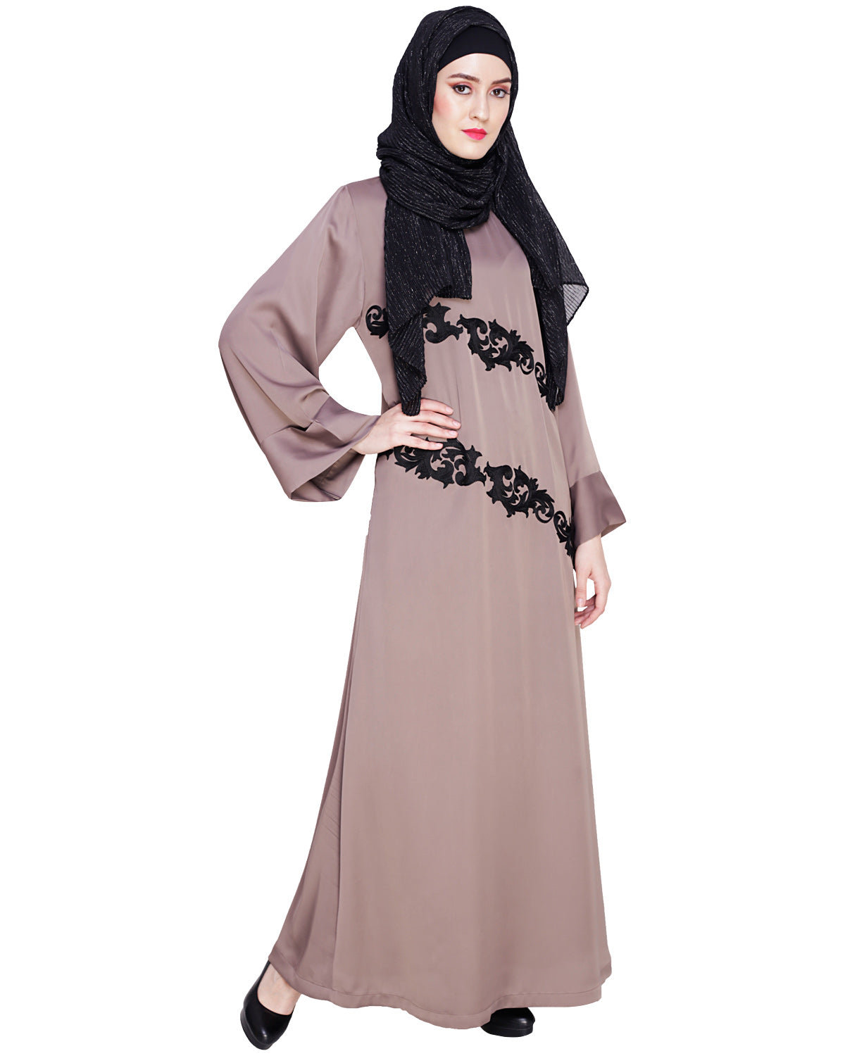 Fancy Embroidered Dubai Style Abaya Brown