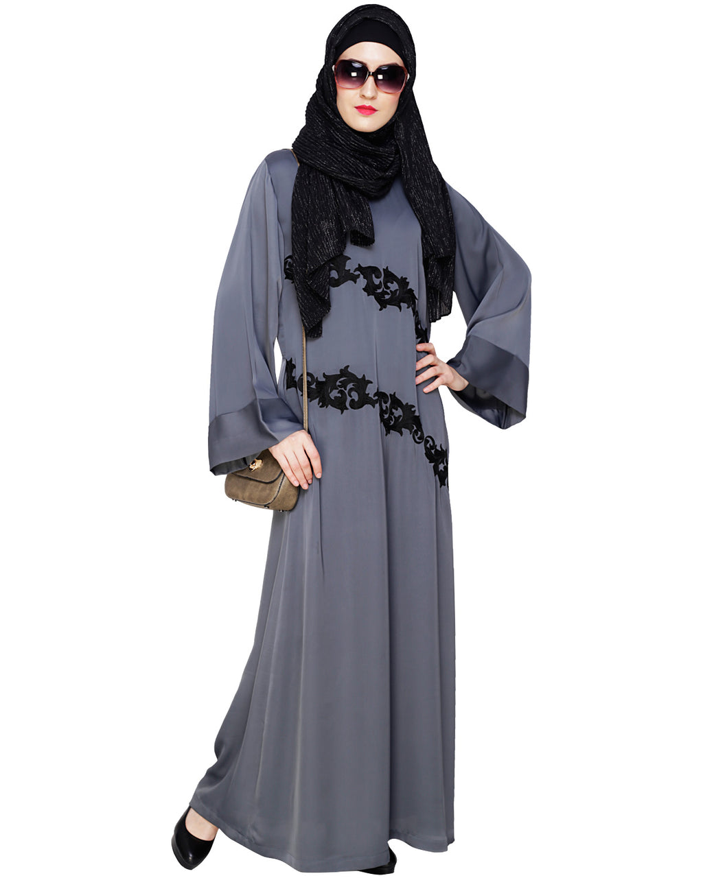 Fancy Embroidered Dubai Style Abaya Grey