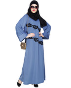 Fancy Embroidered Dubai Style Abaya Steel Blue