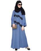 Fancy Embroidered Dubai Style Abaya Steel Blue