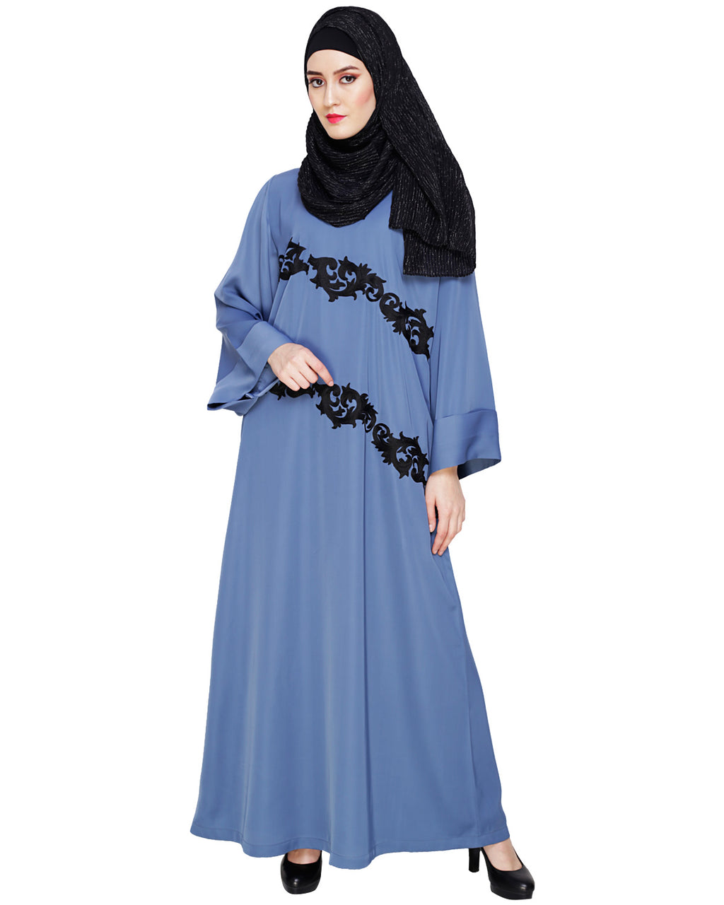 Fancy Embroidered Dubai Style Abaya Steel Blue