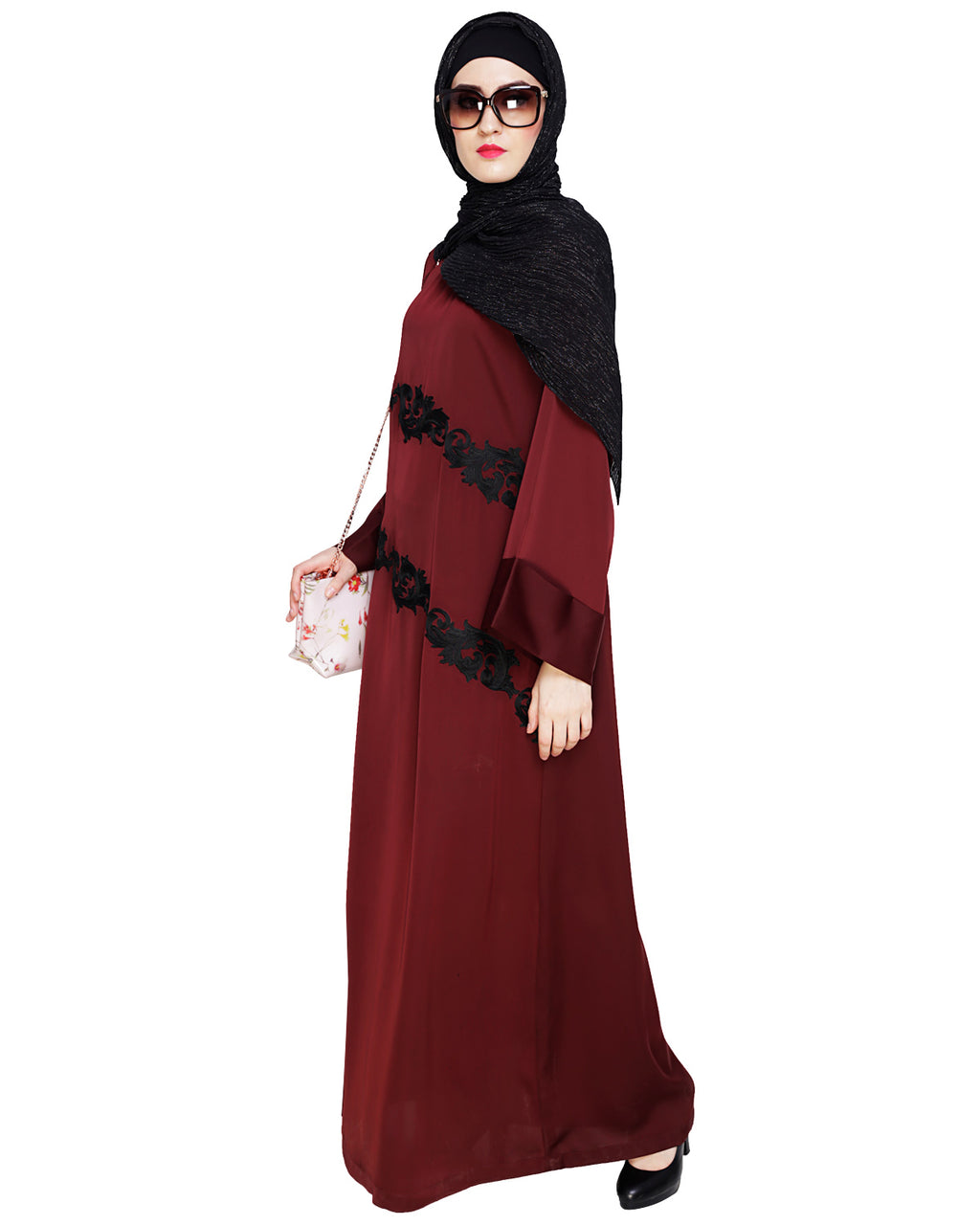 Fancy Embroidered Dubai Style Abaya Wine