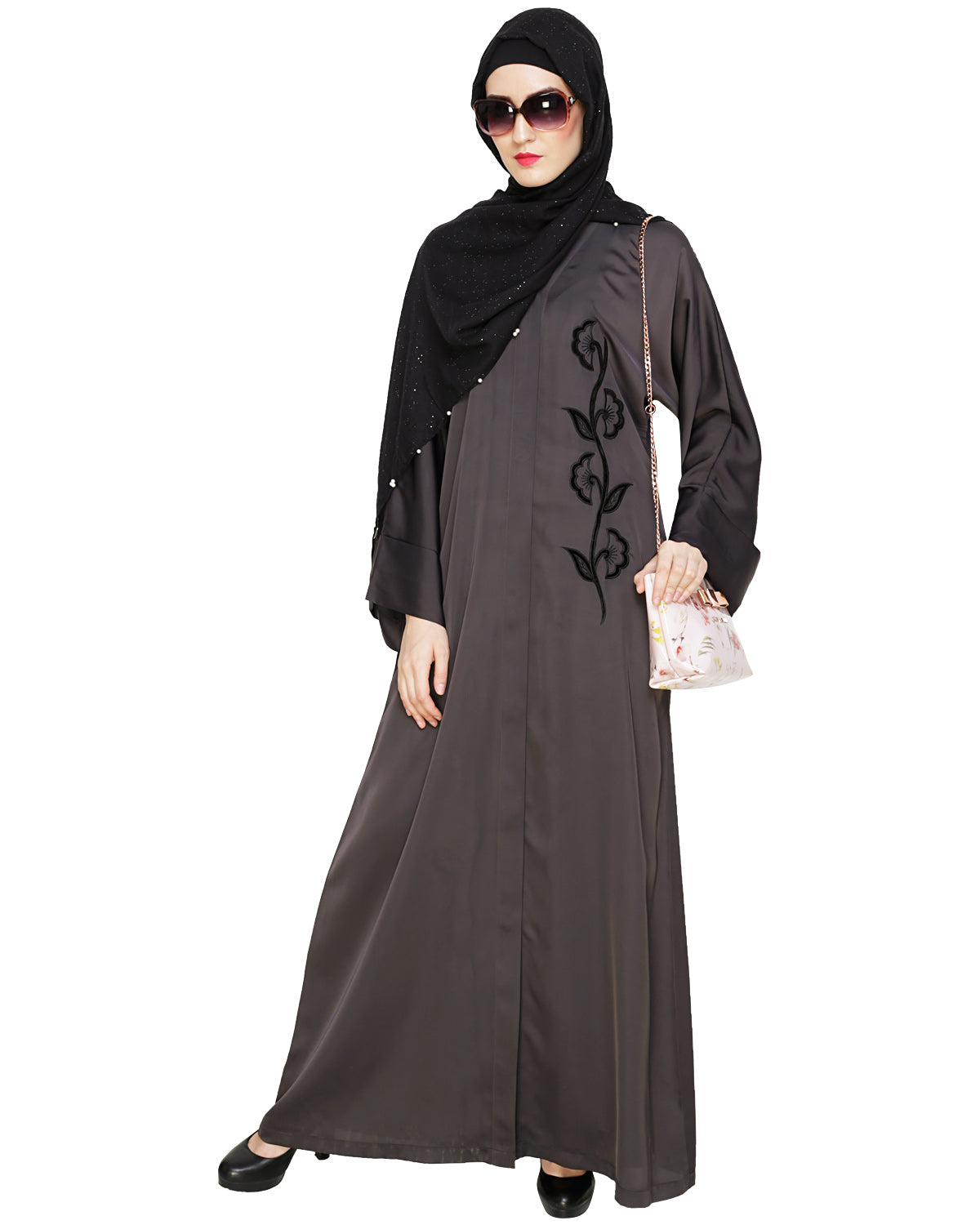 Exclusive Applique Dubai Style Abaya Dark Grey