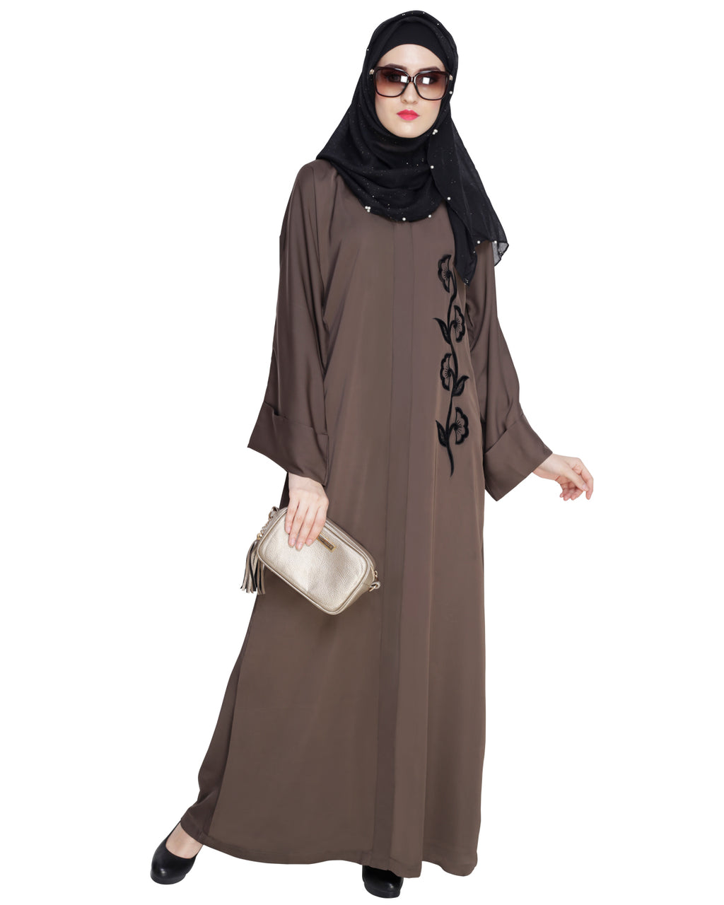 Exclusive Applique Dubai Style Abaya Oak Brown