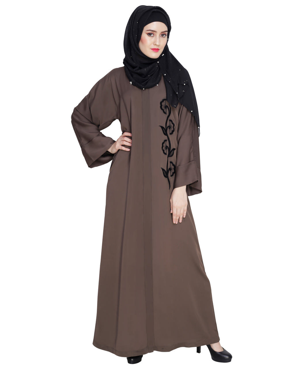 Exclusive Applique Dubai Style Abaya Oak Brown