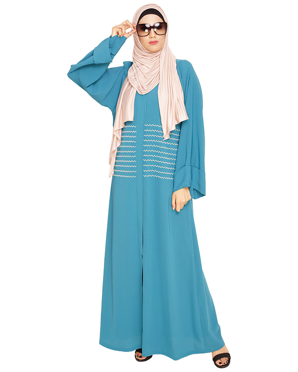 Jazzy Embroidered Dubai Style Abaya Teal Blue
