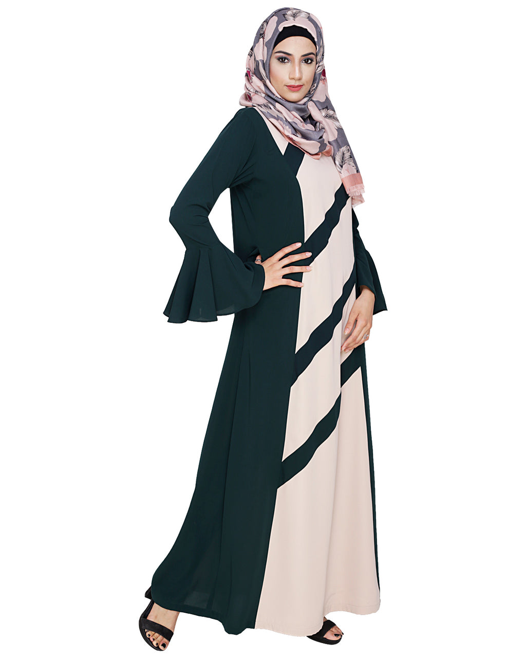 Flouncy Sleeve Dubai style Abaya Bottle Green