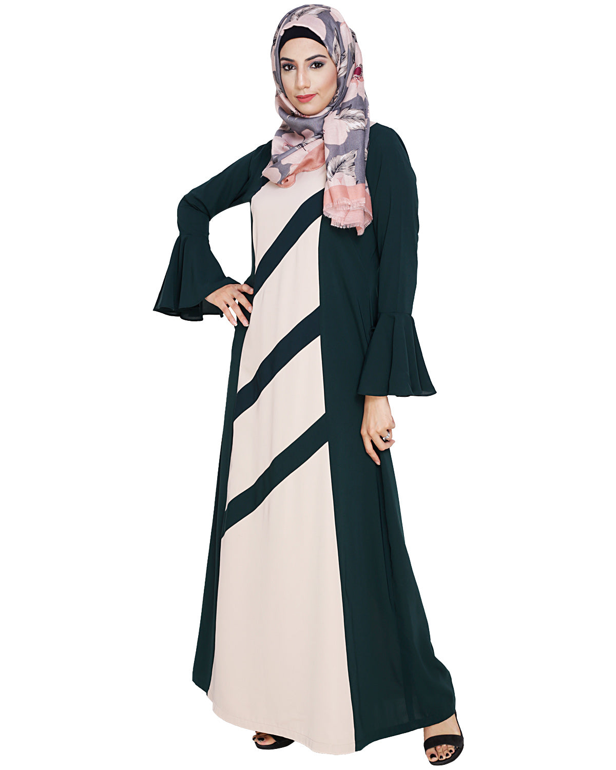 Flouncy Sleeve Dubai style Abaya Bottle Green