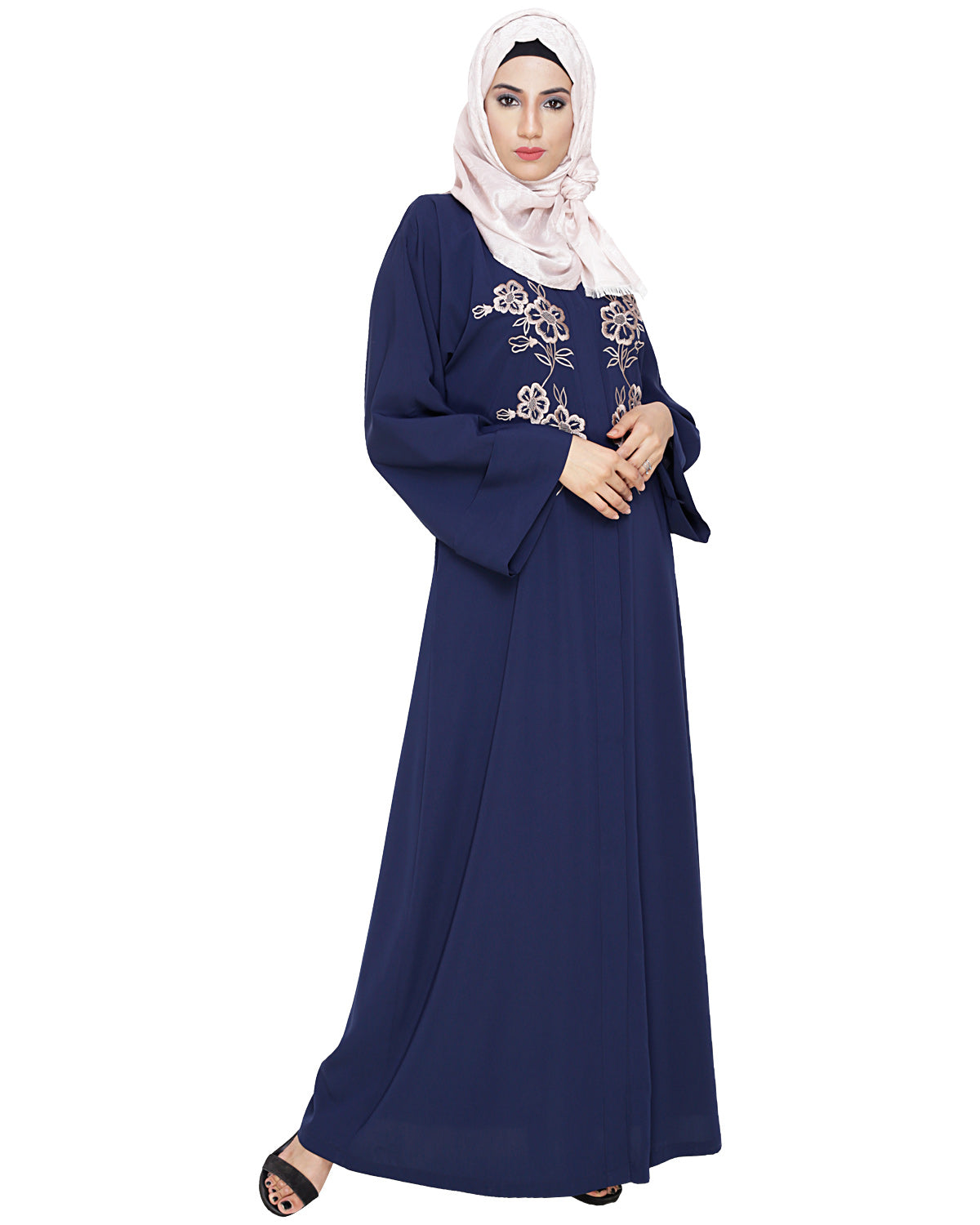 Floweret Embroidered Dubai Style Abaya Blue