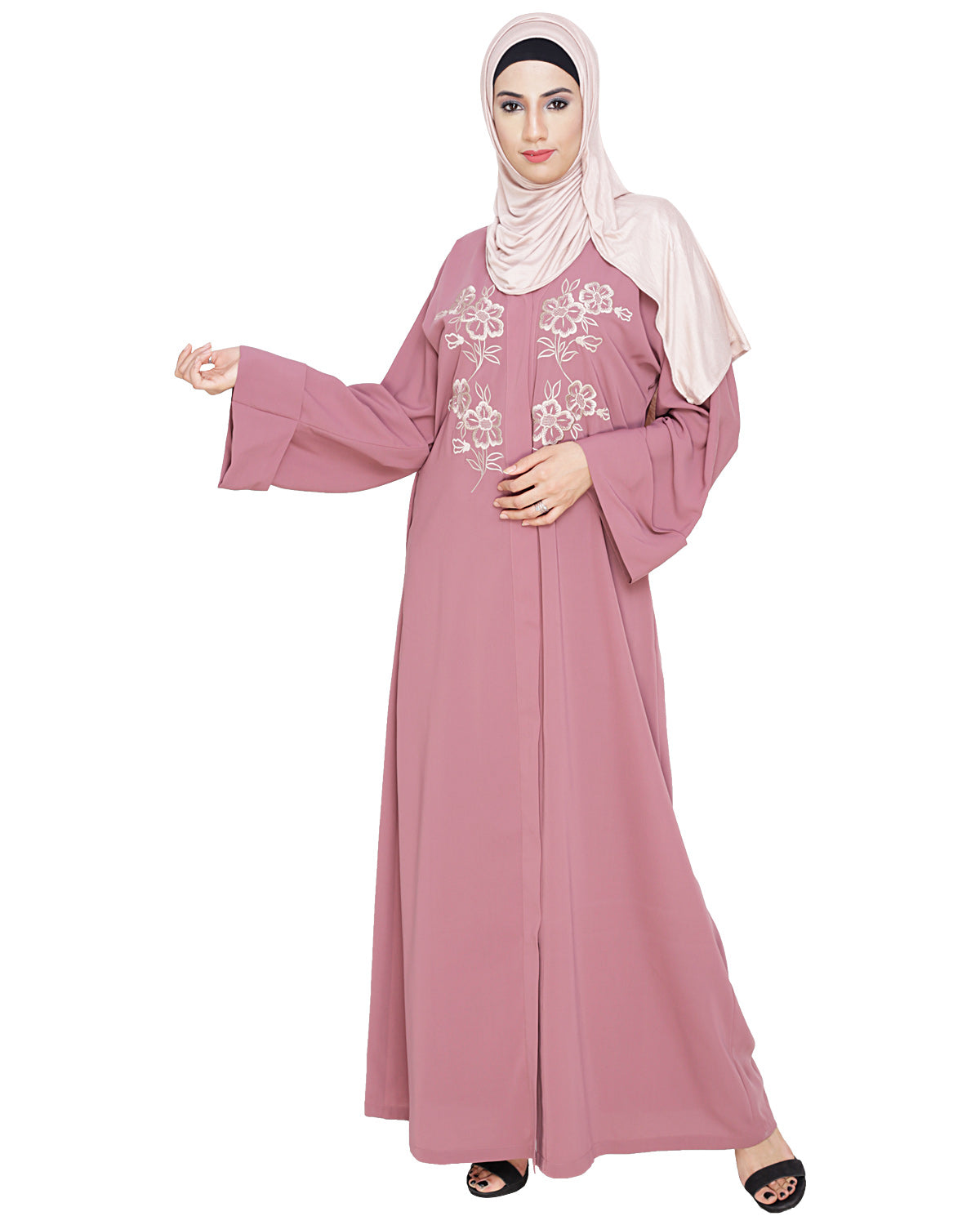 Floweret Embroidered Dubai Style Abaya Onion Pink