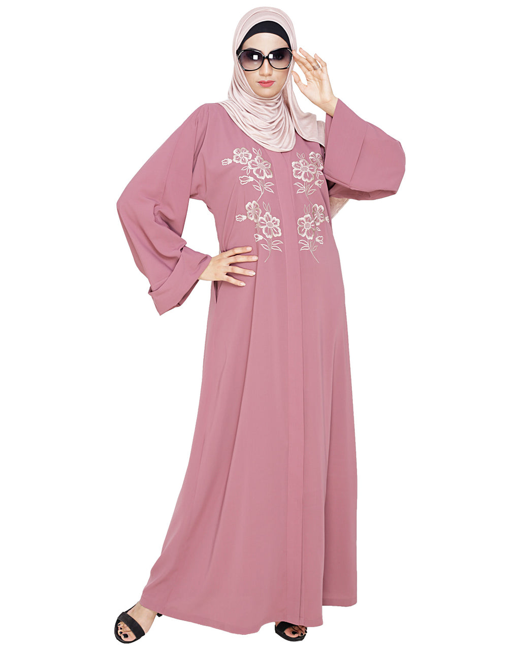 Floweret Embroidered Dubai Style Abaya Onion Pink