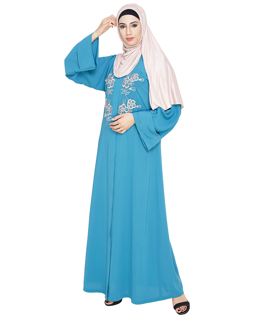 Floweret Embroidered Dubai Style Abaya Teal Blue