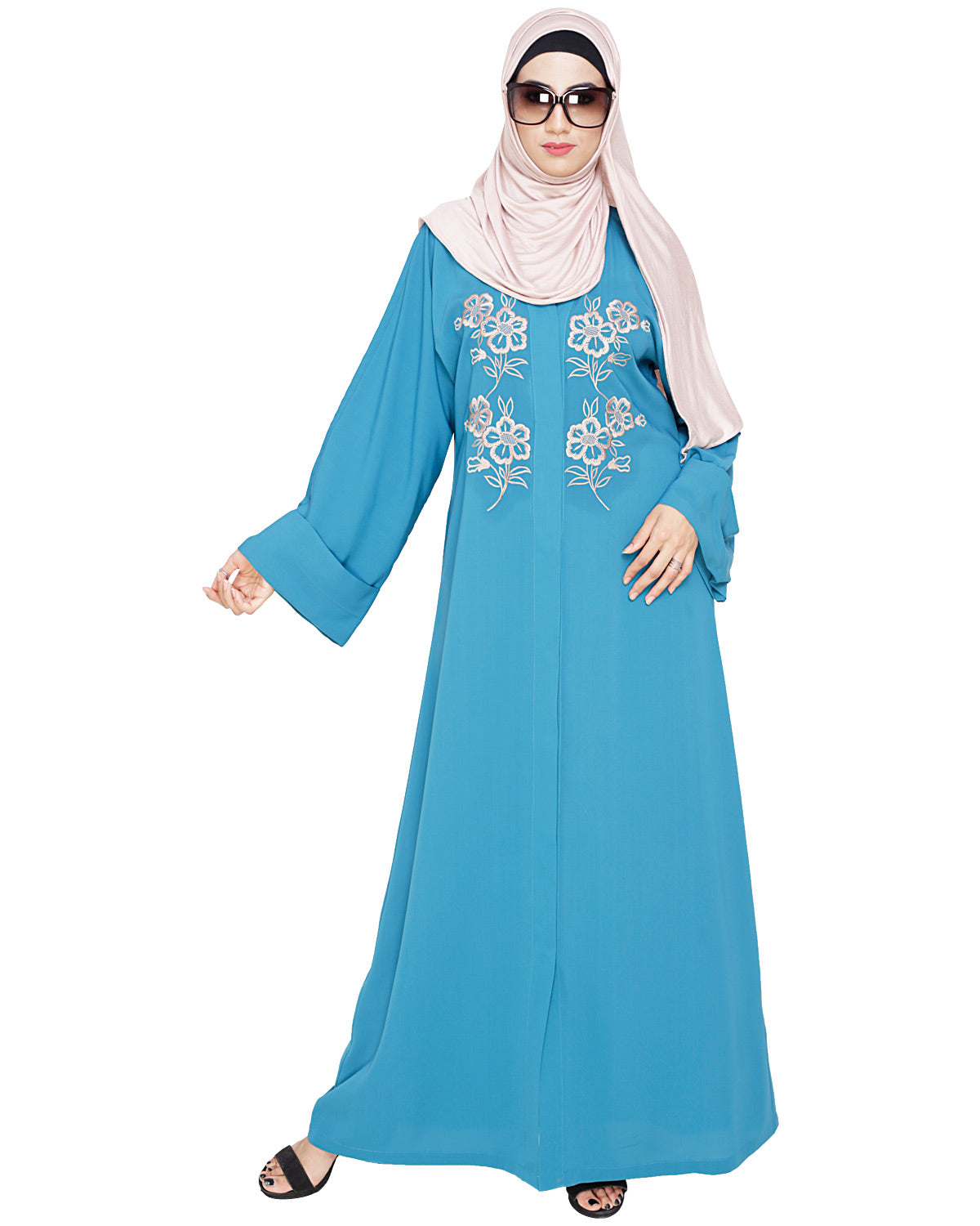 Floweret Embroidered Dubai Style Abaya Teal Blue