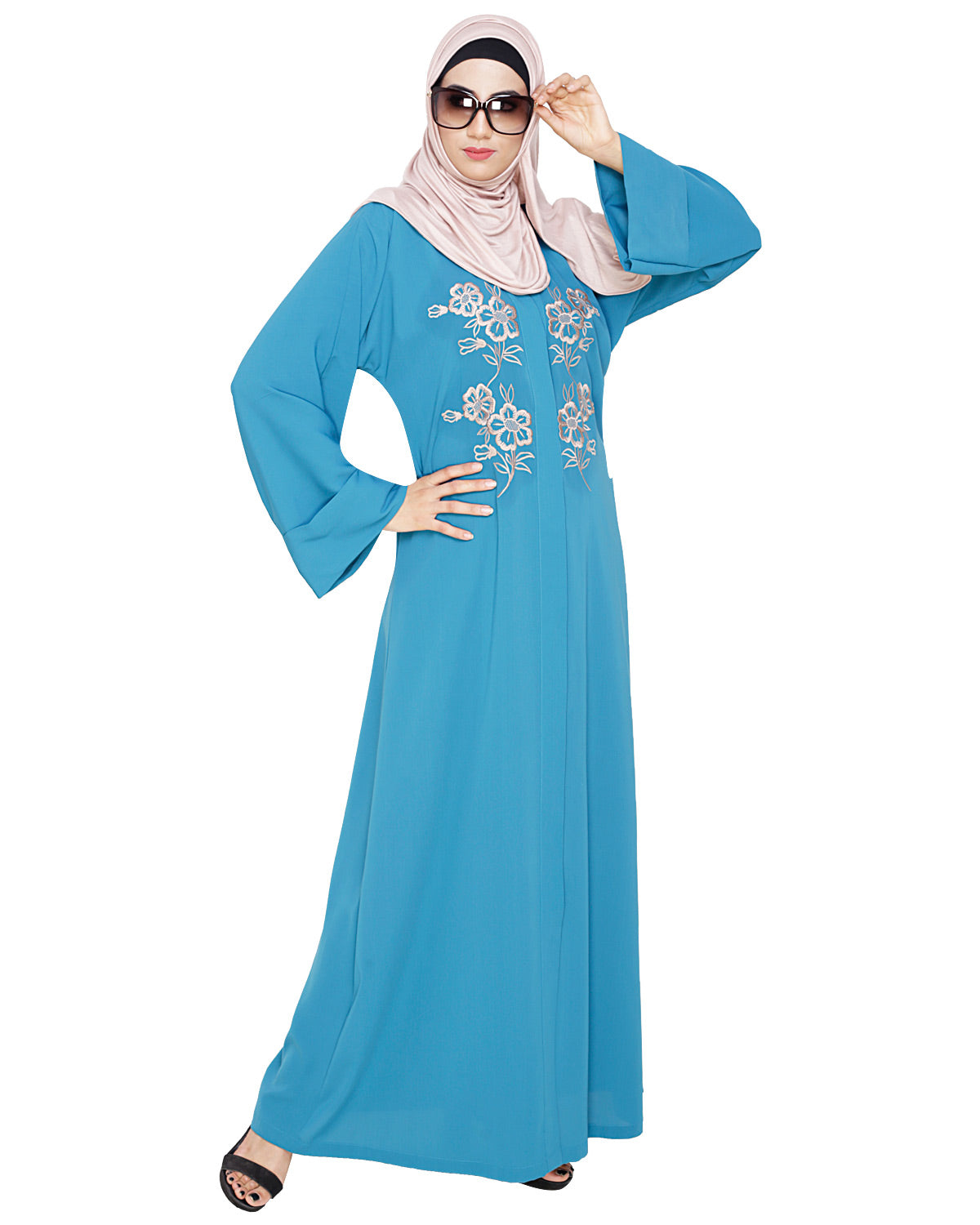 Floweret Embroidered Dubai Style Abaya Teal Blue