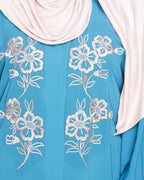 Floweret Embroidered Dubai Style Abaya Teal Blue