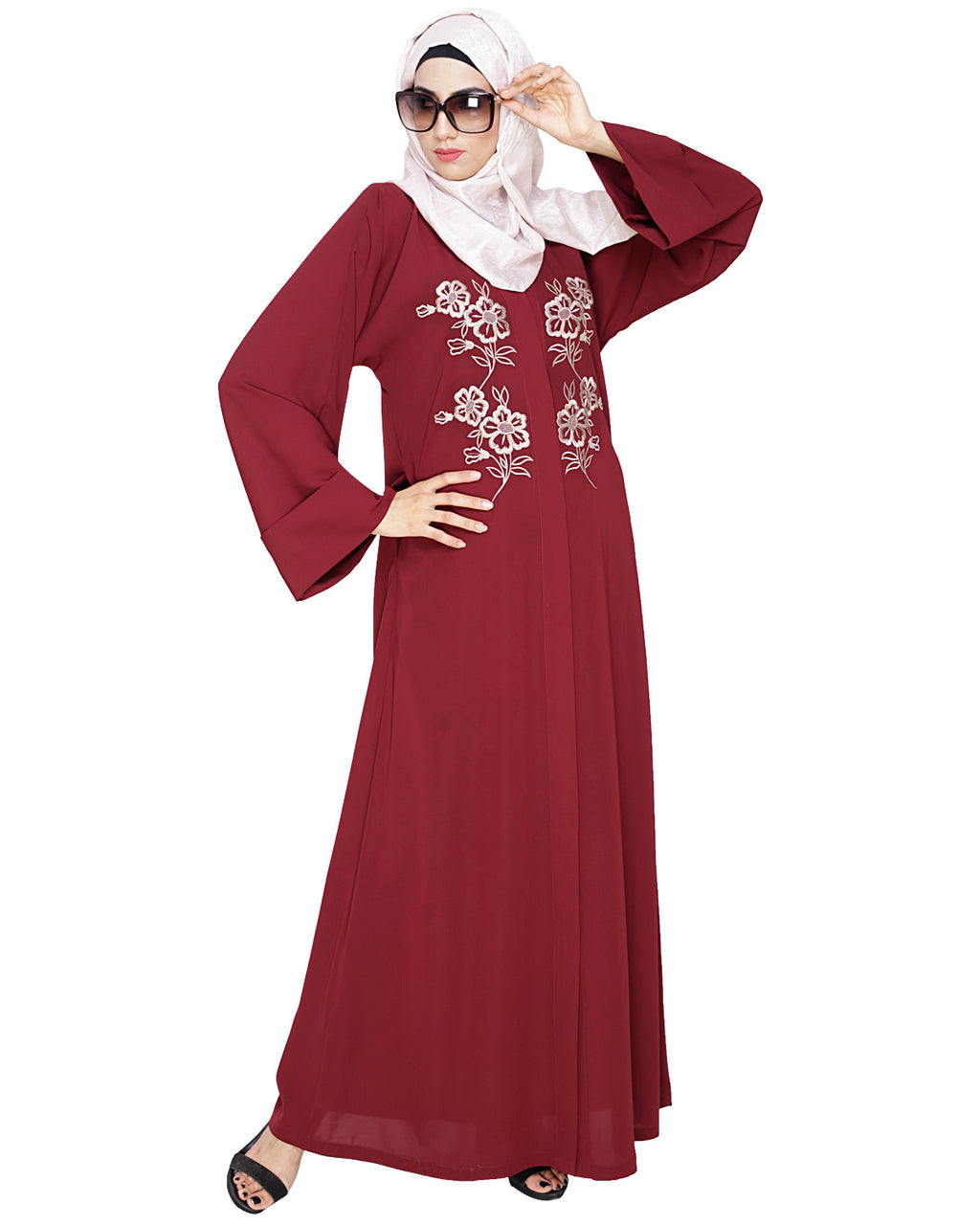 Floweret Embroidered Dubai Style Abaya Wine