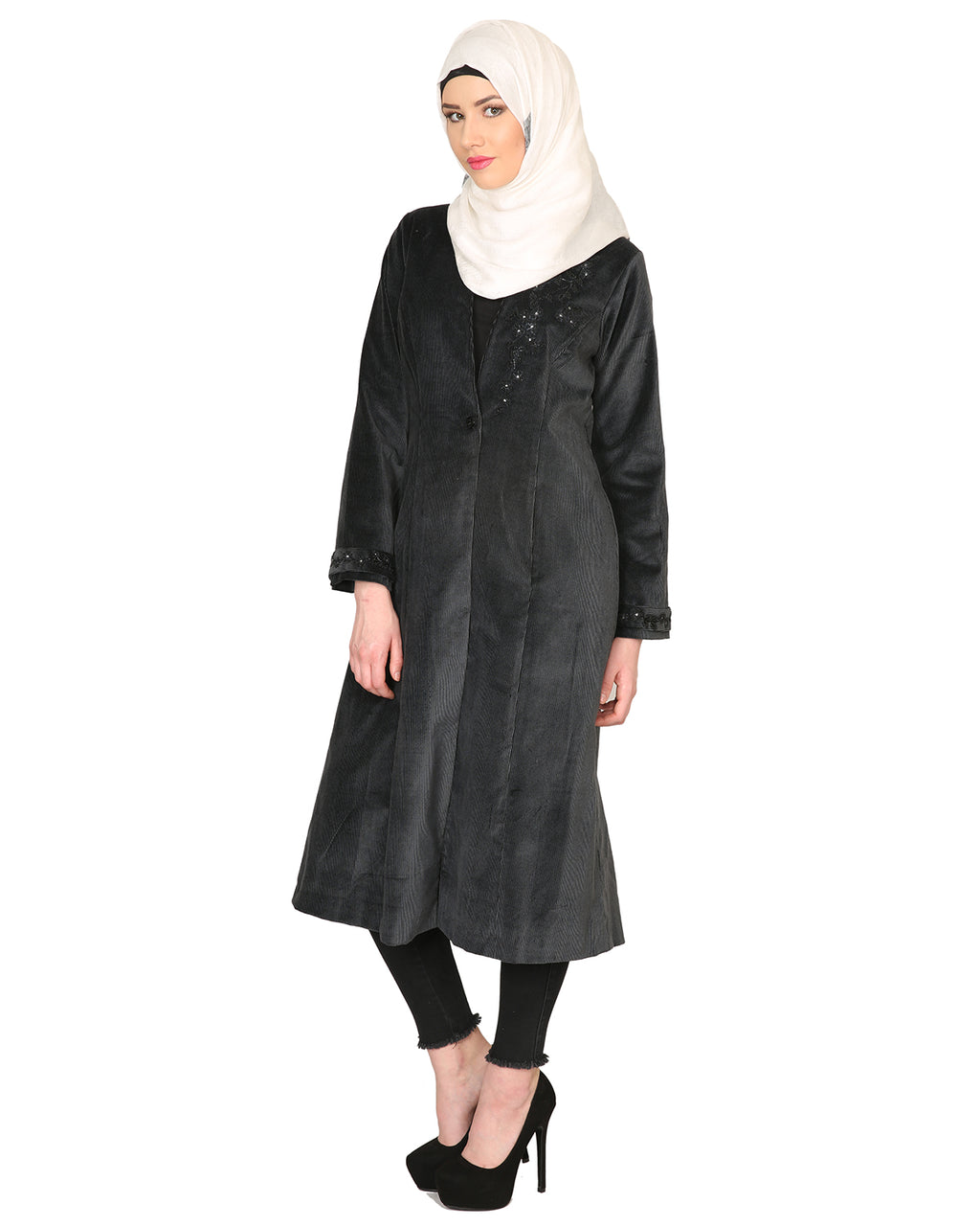 Velvet Pearl Hand-Embroidery Coat Black