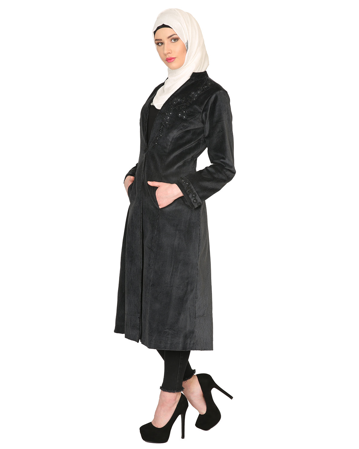 Velvet Pearl Hand-Embroidery Coat Black