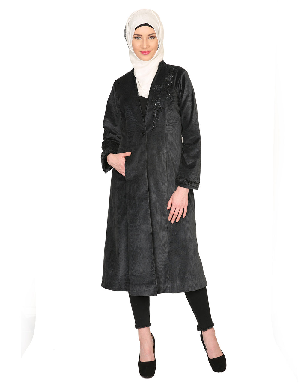 Velvet Pearl Hand-Embroidery Coat Black
